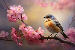 A bird perched on a branch of a cherry blossom tree photo
