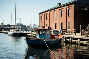 A boat is docked in front of building photo