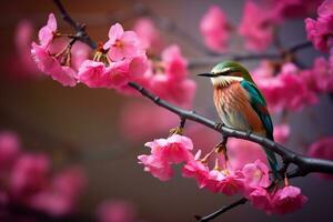 A bird perched on a branch of a cherry blossom tree photo