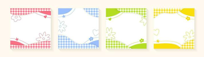 Set of Cute Frame Pastel Plaid Gingham Check Checkered with Heart Flower Star. Square Post Banner Template Frames Borders Memo Sticky note Paper Background. Blank Note Copy Space Vector Illustration.