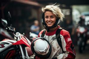 joven frio mujer vistiendo motocicleta engranaje y casco, ai generado foto