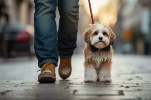 dog walking with unrecognizable owner in city street crosswalk, AI Generated photo