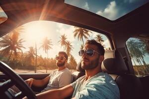 Two friends in car driving on road, having road trip, palm trees around. photo