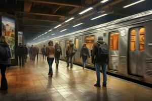 irreconocible personas desplazamientos a subterraneo estación , ai generado foto