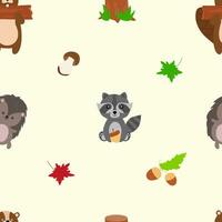 Seamless forest pattern with cute forest animals - illustrations of fox, deer, hedgehog, hedgehog, squirrel, bear vector