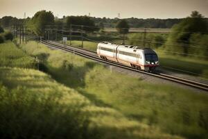 Fast train in countryside, created with generative AI photo