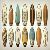 Collection of vintage wooden longboard surfboards, created with generative AI photo