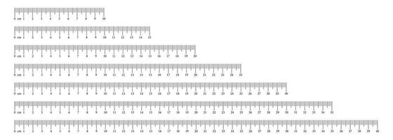 Collection measuring charts with 10,15, 20, 25, 30, 35, 40 centimeters. Length measurement math, distance, height, sewing tools. Set of templates rulers scale with numbers. Eps, vector illustration.