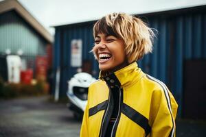 Young cool woman wearing motorcycle gear and helmet, AI Generated photo