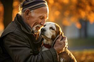 senior man holding his beagle , outdoor autumn park, AI Generated photo