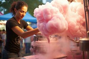 mujer haciendo sabroso algodón caramelo en blanco fondo, ai generado foto