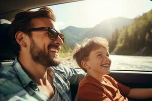 Happy family of father and son enjoying road trip together, AI Generative photo