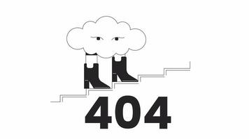 surréaliste nuage en marchant en haut escaliers dans bottes noir et blanc Erreur 404 animation. cumulus personnage faire un pas en haut Erreur message gif, mouvement graphique. rêver Animé concept linéaire 4k vidéo isolé sur blanc video