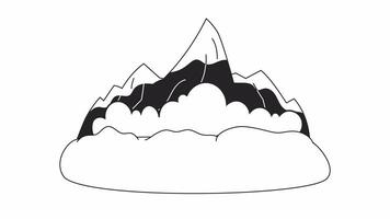 Lawine von schneebedeckt Berg Gipfel bw Karikatur Animation. Schneerutsch natürlich Katastrophe 4k Video Bewegung Grafik. Lawine Berg 2d einfarbig Linie animiert Szene isoliert auf Weiß Hintergrund
