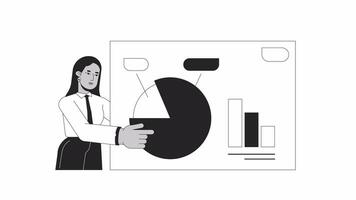 Business woman presenting bw outline 2D character animation. Talk entrepreneur monochrome linear cartoon 4K video. Female office worker pointing chart animated person isolated on white background video