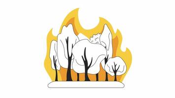 Wildfire natural disaster bw cartoon animation. Flames forestfire 4K video motion graphic. Deforestation forest fire. Forestry burn 2D monochrome line animated scene isolated on white background