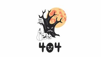 Halloween tree with scary pumpkins bw error 404 animation. Spooky forest with rising moon error message gif, motion graphic. Creepy woods animated scene outline 4K video isolated on white background