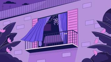 Waving curtains on cozy balcony line cartoon animation. 4K video motion graphic. Flying curtains window in sunset 2D linear animated background full frame, after hours aesthetic lofi live wallpaper