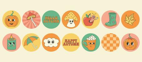 Groovy autumn fall sticker collection with autumn elements. Cartoon characters in trendy retro style, comic mascot characters.