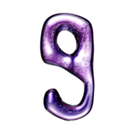 nio siffra y2k alfabet med flytande mörk lila krom effekt png