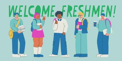 Banner welcome freshmen. Guys and girls are college or university students with backpacks, textbooks. Flat vector trendy illustration for design.
