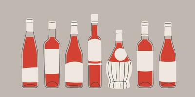 Set of bottles with red wine of various shapes and sizes. Classic shaped glass wine bottles. Isolated illustrations for wine design, menus, stickers, etc. vector