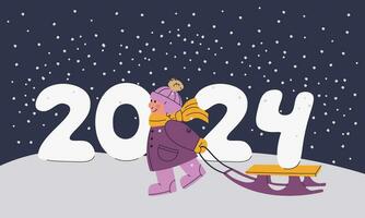 linda niño es trineo el nieve cifras de 2024. Navidad y nuevo año ilustración para el diseño de tarjetas, pancartas, pegatinas vector dibujos animados aislado ilustración.