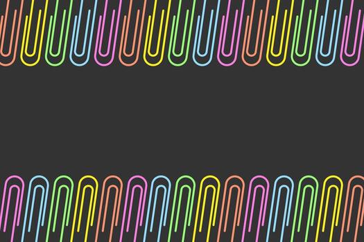 Abstract rectangular frame of bright paper clips on a dark background. Office and school stationery vector