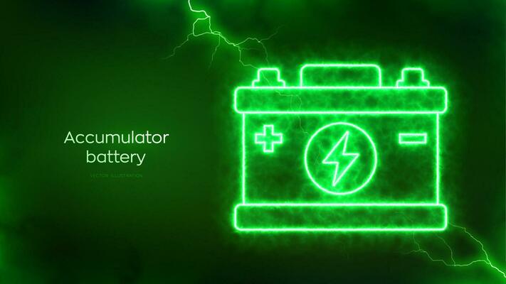 Accumulator battery icon with electrical energy glow effect. Automobile accumulator. Green Energy. Charging point station. Battery power supply background. Electric discharge effects. Vector.