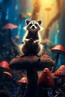 Amusing Raccoon in a Magical Forest with Glowing Mushrooms AI generated photo