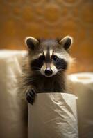 The Playful Raccoon Having Fun with a Roll of Toilet Paper - AI generated photo