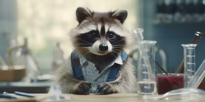 Playful Raccoon as a Scientist in a Lab with Many Test Tubes and Beakers - AI generated photo