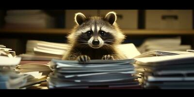 Cheerful Raccoon Amidst a Pile of Office Files and Documents - AI generated photo
