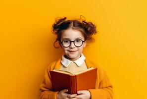 Adorable Smart Girl with Glasses Holding a Book in Hand on Orange Background - AI generated photo