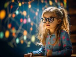 Cute Little Smart Gifted Girl with Glasses Surrounded by Scientific Symbols - AI generated photo