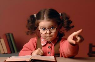 Cute Smart Girl with Glasses Holding Open Book and Raising Index Finger on Dark Red Background - AI generated photo