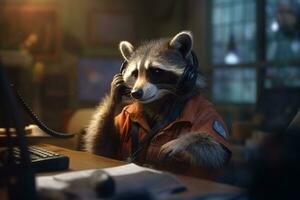 Hilarious Raccoon Working at Call Center with Headphones - AI generated photo