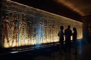 Exploring Ancient Mysteries Tourists Admiring Inscriptions on Enormous Temple Wall photo