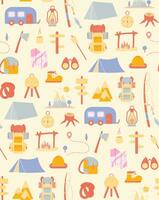 Seamless pattern with things for traveling to the mountains. Fishing and summer camping. Hike with backpacks, rest in the forest. print object stuff design wallpaper. background vector illustration.