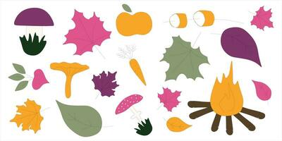 Autumn vector icon set. Flat and linear collection of Leaves, mashrooms, umbrella, pumpkin, marshmellow, bonfire. Illustration with design elements.