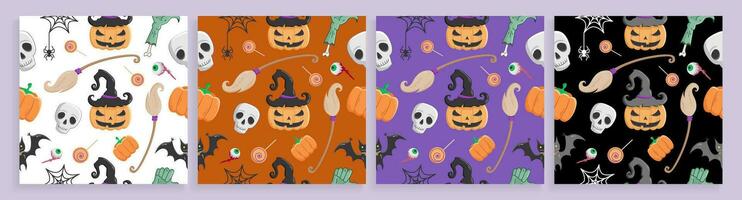 Set of four Halloween seamless patterns with Halloween symbols vector