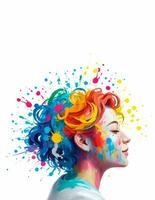 Colorful paint splash Explosion on woman head. Artists creative and inspiration concept. Copy space. Generative AI photo