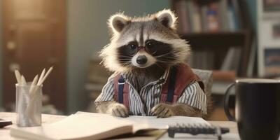 The Comical Raccoon Working at the Desk Creativity Unleashed AI generated photo