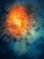Vibrant Orange Fireworks Illuminating the Dark Blue Sky - A Celebration of New Year and Milestones AI generated photo