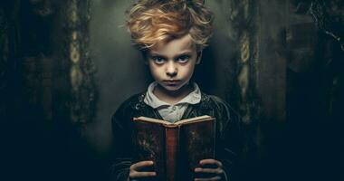 Teenager Holding an Open Book with Enthusiasm and Curiosity - AI generated photo