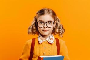 adorable inteligente niña con lentes participación un libro en mano en naranja antecedentes - ai generado foto