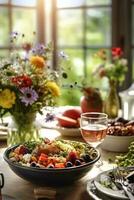 Exquisito mesa ajuste adornado con Fresco frutas y flores - ai generado foto