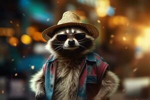 Cool and Playful Raccoon Posing with Sunglasses and Hat - AI generated photo