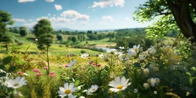 un cautivador natural paisaje con floreciente flores y sereno belleza - ai generado foto