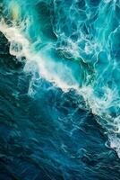 Awe-Inspiring Aerial View of Turbulent Blue Waters with Waves and White Foam Crests - AI generated photo